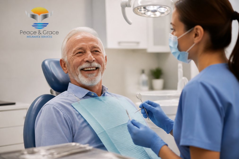 An older man smiling in a dentist's chair while a dental hygienist in scrubs prepares for a routine checkup in a bright, modern dental office with clean white walls and overhead lighting