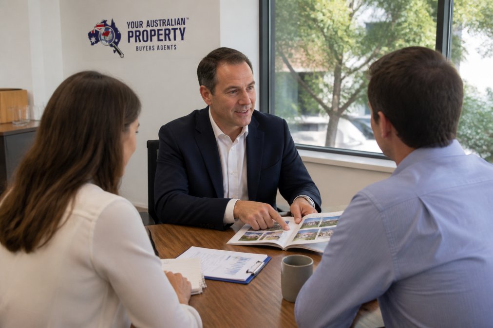 Professional buyer's advocate in modern office setting, sitting across from clients at wooden desk with property documents and market reports, reviewing strategy with confident posture and natural window lighting