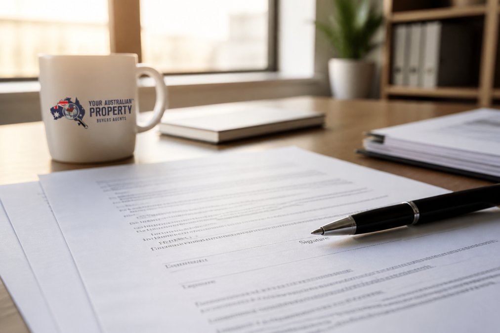 Close-up of property contract and agreement documents spread on desk with pen positioned over signature line, morning light from window highlighting fine print and legal terms