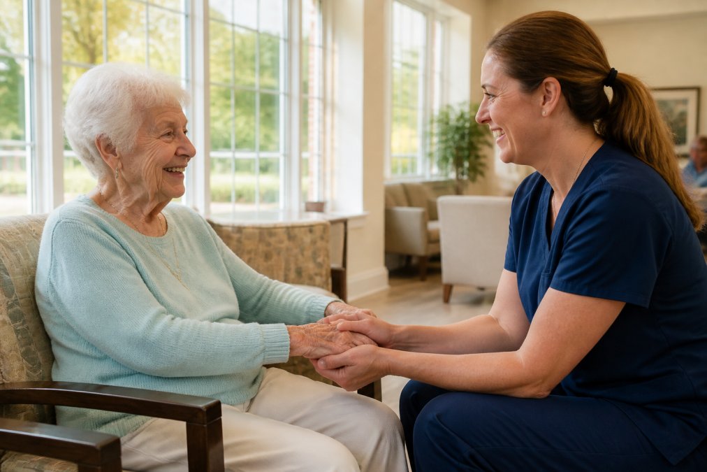 A caring staff member gently holding the hand of an elderly resident in a bright, comfortable common area with large windows and warm natural light