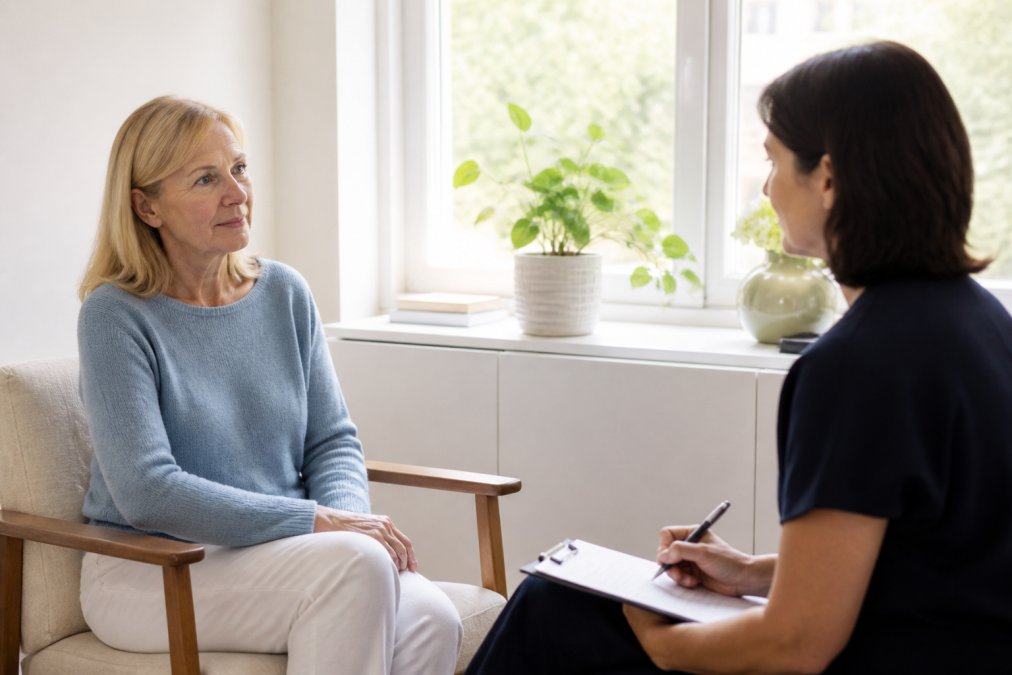A woman in her fifties sitting in a bright, calm consultation room, speaking with a female clinician who is taking notes on a clipboard, warm natural light through the window