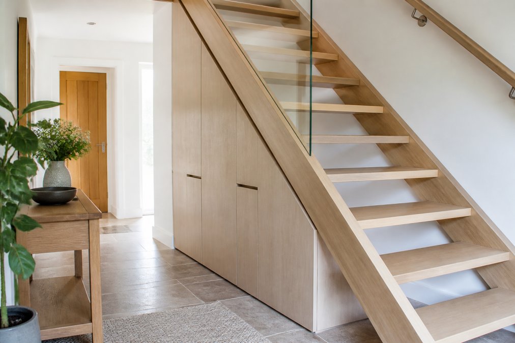 A bright small hallway with a minimalist oak staircase featuring open risers, a slim handrail and built-in under-stair storage cupboards, styled with a console table and a plant.