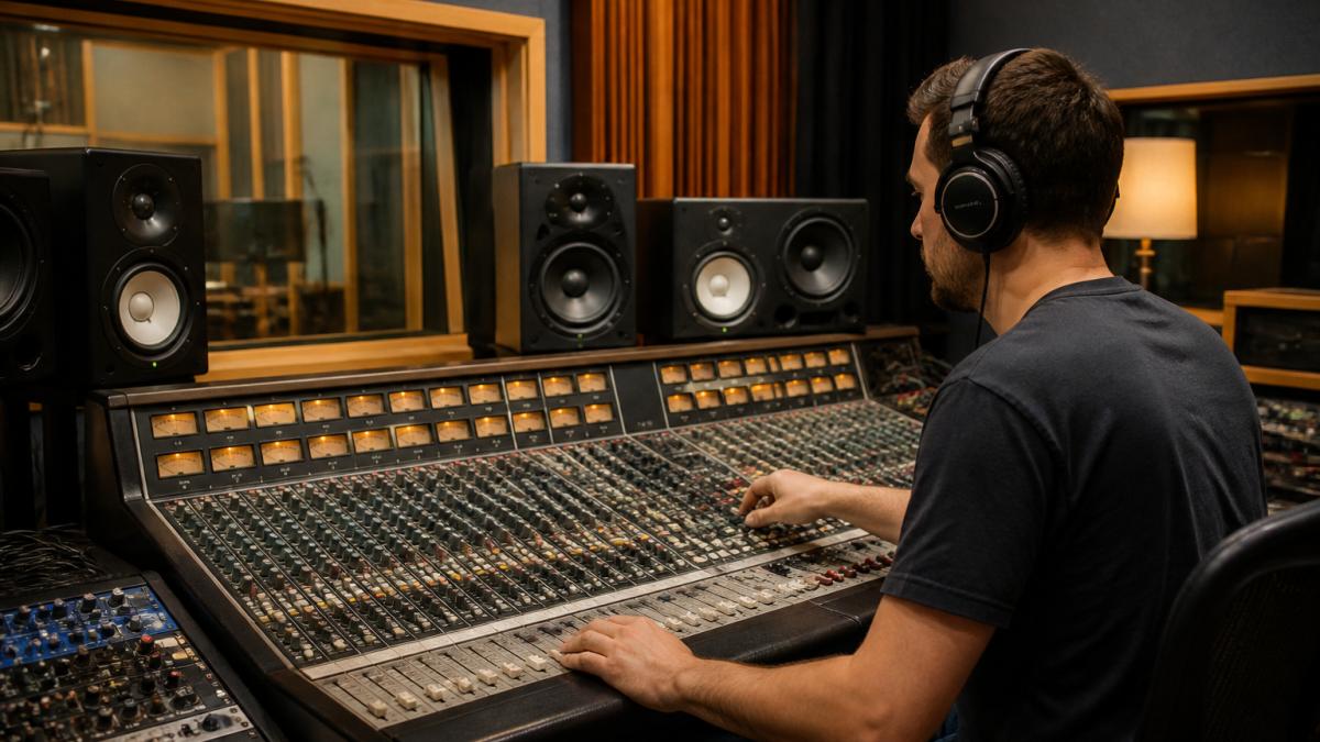 Audio engineer wearing headphones at a mixing console while you choose a mixing engineer for your music project.
