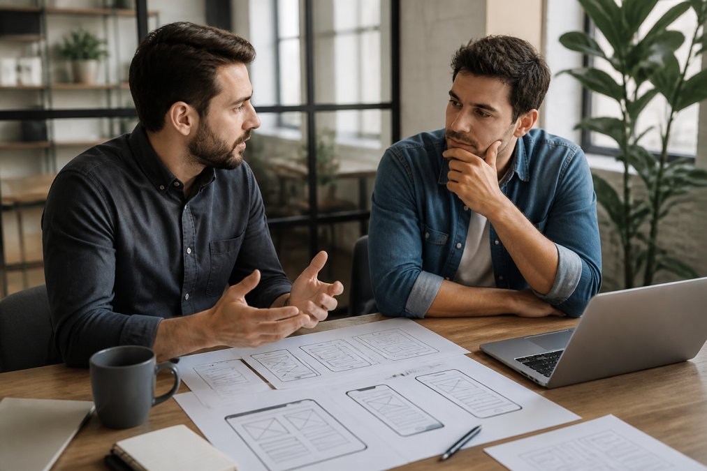 Professional developer and business founder discussing project requirements at desk with laptops and wireframe sketches visible