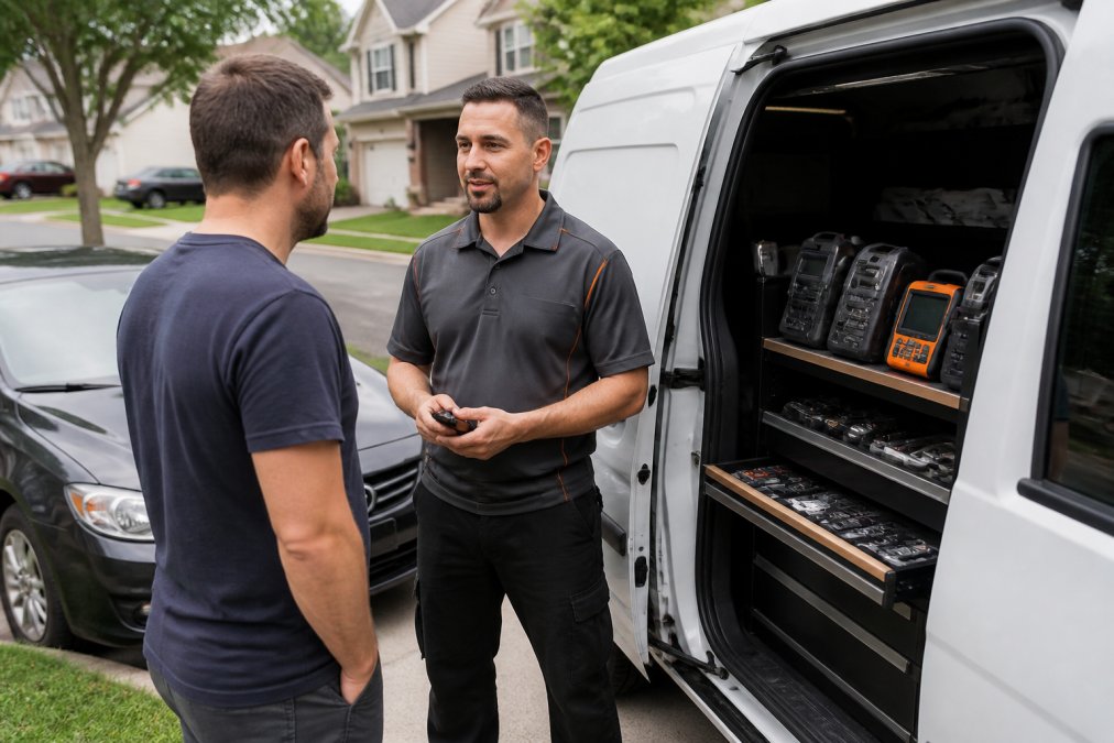 A professional locksmith in a clean uniform standing beside a service van with automotive key programming tools visible, talking with a car owner in a suburban Northern Virginia driveway