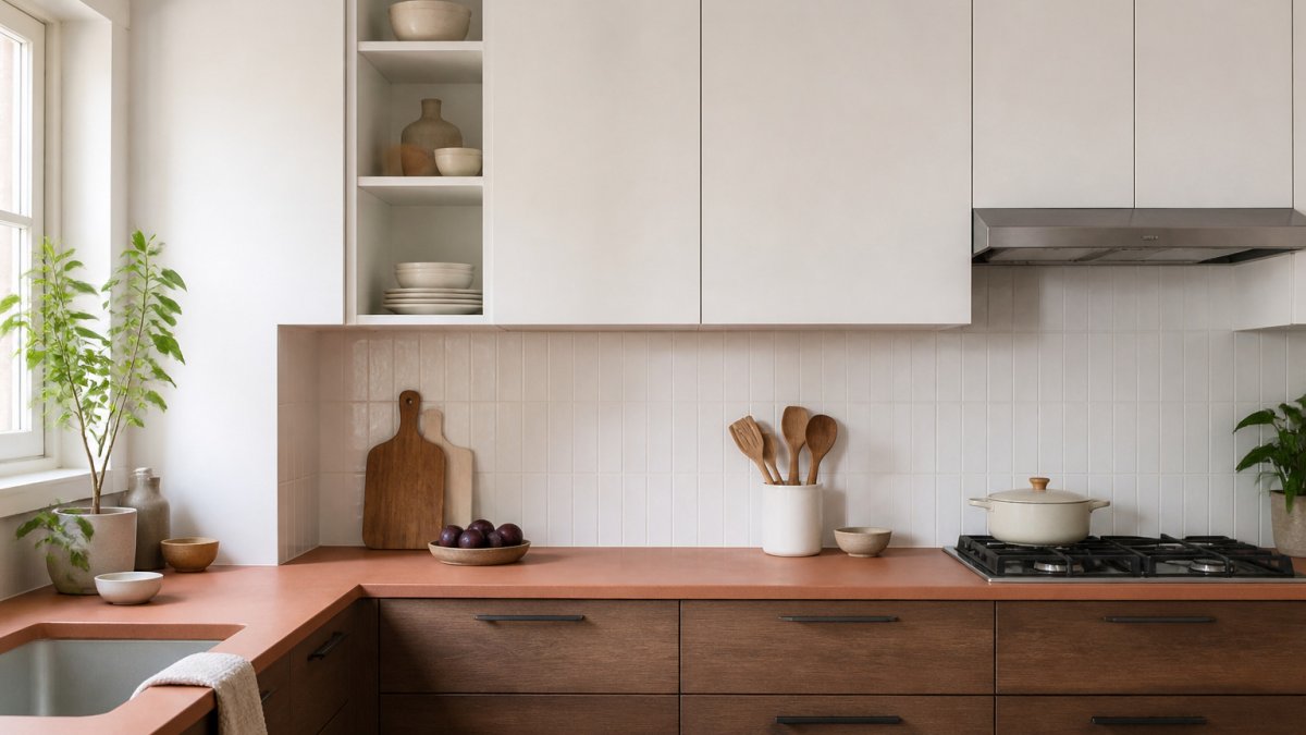 Bright kitchen with white upper cabinets, wood lower cabinets, and a warm terracotta countertop accent.