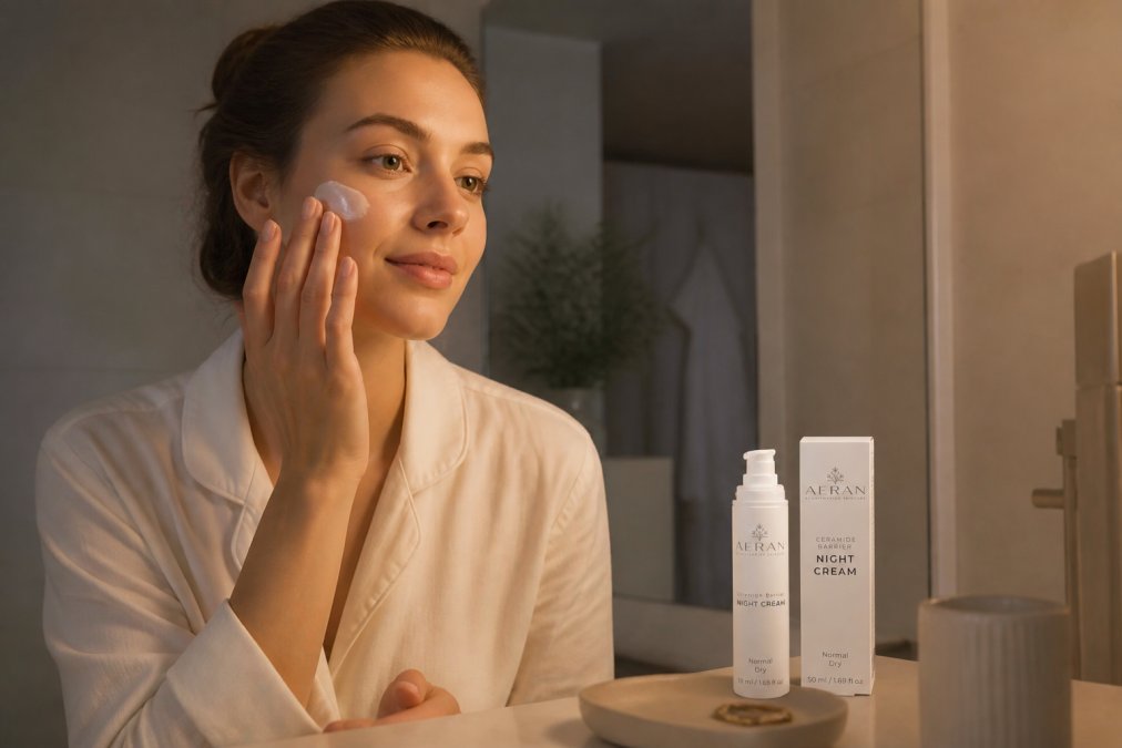 Person in a softly lit bathroom at night applying night cream to their face, with skincare products arranged on the counter, demonstrating evening skincare routine