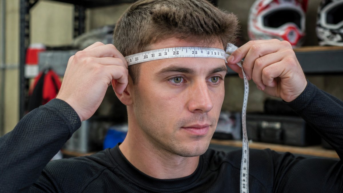 Close-up of a rider measuring head circumference with a soft measuring tape positioned above the eyebrows and ears, showing proper tape placement and tension