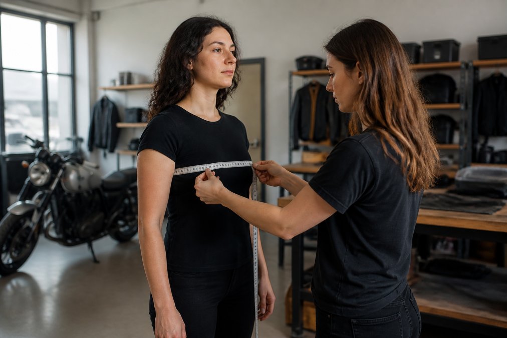 A woman standing with arms relaxed while another person measures her chest with a soft measuring tape, in a bright room with a motorcycle parked in the background