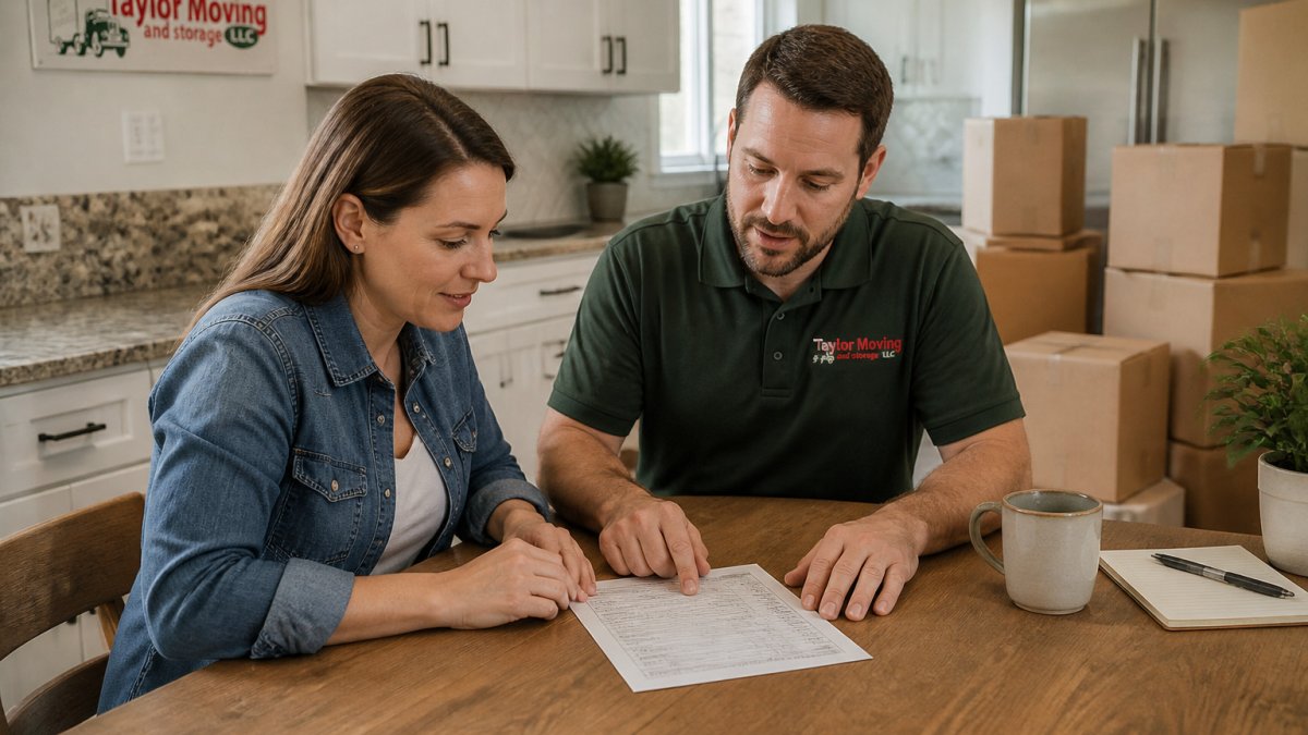 Infographic checklist for reviewing a moving company estimate with a professional at home