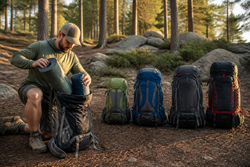 Hiker repacking gear into a multi-day bag to test hiking backpack capacity in a forest clearing.