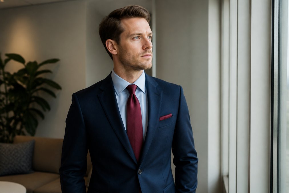 Man wearing a navy blue suit with a burgundy silk tie, showing strong colour contrast and formal polish in natural office lighting