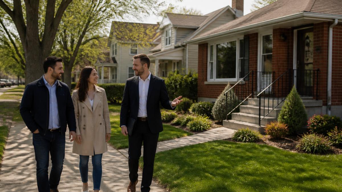 A young couple walking with a real estate agent down a tree-lined residential street in Ottawa, looking at a brick bungalow with a for-sale sign, sunny spring day