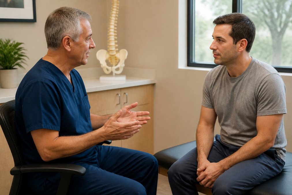 Professional pain management doctor consulting with patient in modern clinical office, seated across from each other reviewing treatment options with natural lighting from windows