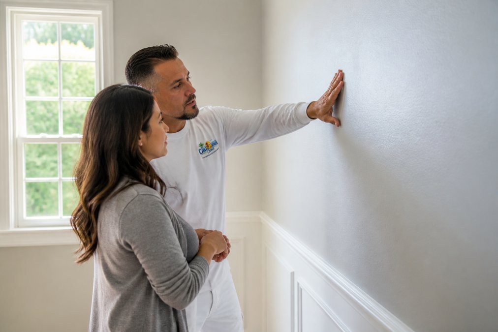 Professional painter and homeowner inspecting a smooth wall finish to learn how to choose a painting contractor