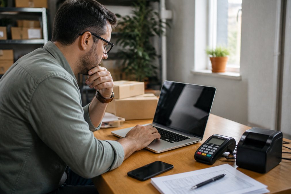 Small business owner at a desk reviewing how to choose payment processor settings on a laptop.