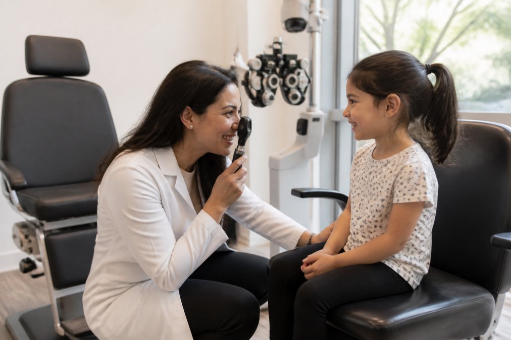 A friendly optometrist in a bright, modern exam room kneeling to eye level with a smiling young child while holding a small diagnostic tool, natural window light