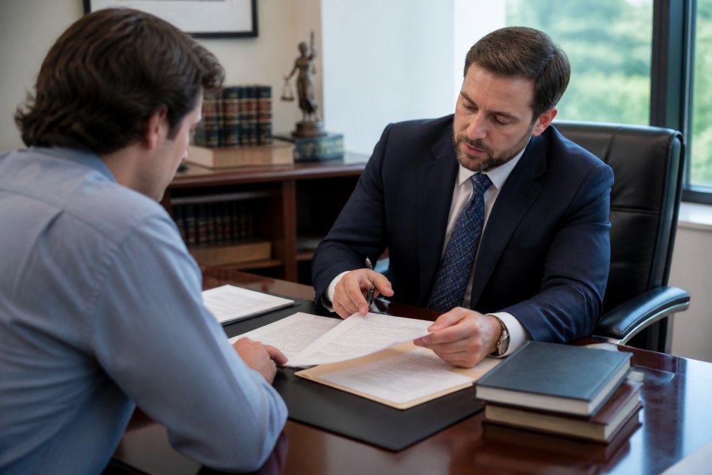 A professional attorney in a suit sitting across a desk from a client in a bright, modern law office, both reviewing documents and taking notes during a consultation