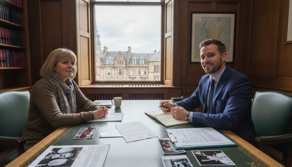 Professional solicitor meeting with a client in a bright, welcoming Glasgow office, both seated across a desk with documents and a notepad visible, suggesting a friendly consultation atmosphere