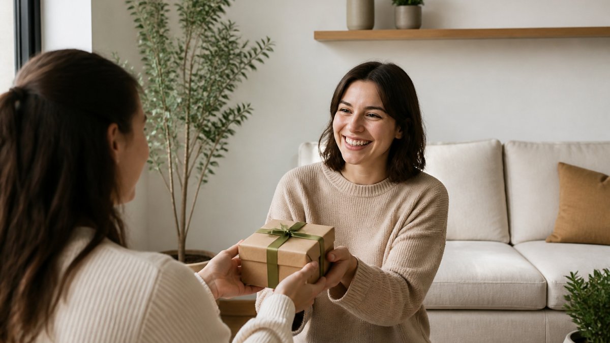 A person handing a small, beautifully wrapped gift to a friend in a tidy, sunlit living room with minimal decor and a few plants