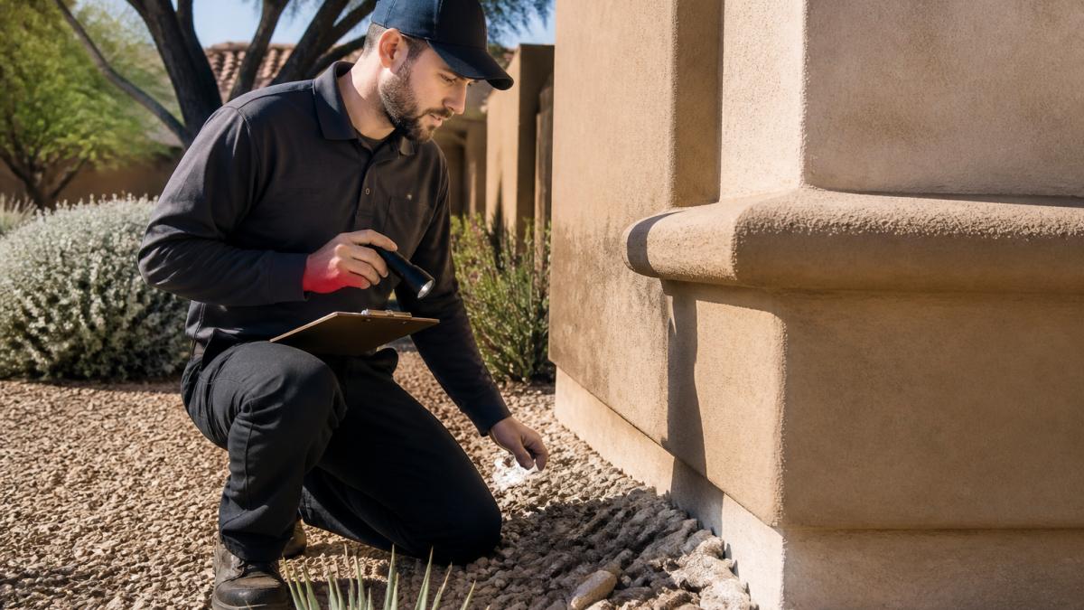 A pest control technician in a branded uniform inspecting the exterior foundation of a desert home, holding a flashlight and clipboard, with native plants and gravel landscaping in the background under bright Arizona sunlight