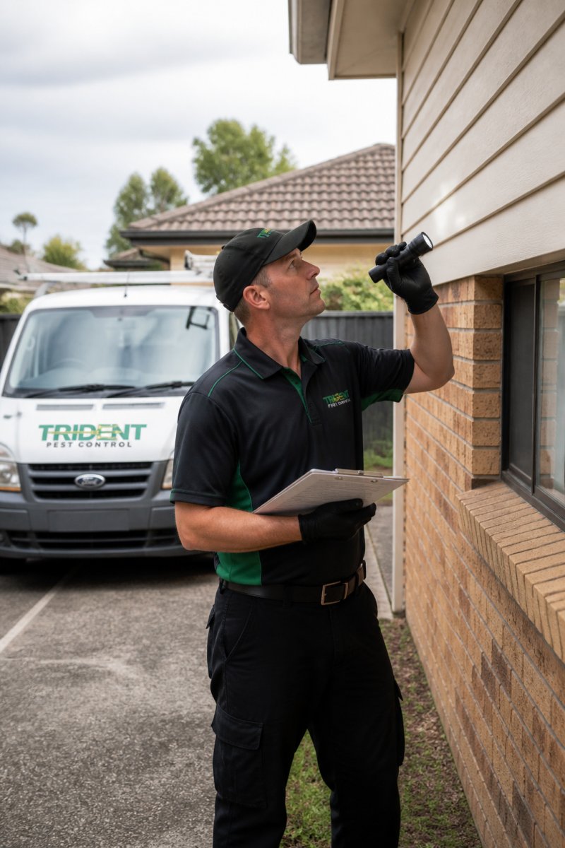 A licensed pest control technician in uniform inspecting the exterior weatherboards of a suburban Australian brick-veneer home, holding a clipboard and torch, with a white service van parked in the driveway