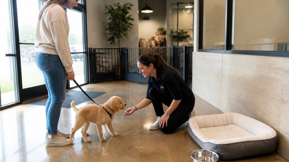 Owner walking a puppy into a welcoming pet resort for puppies to meet a friendly staff member.