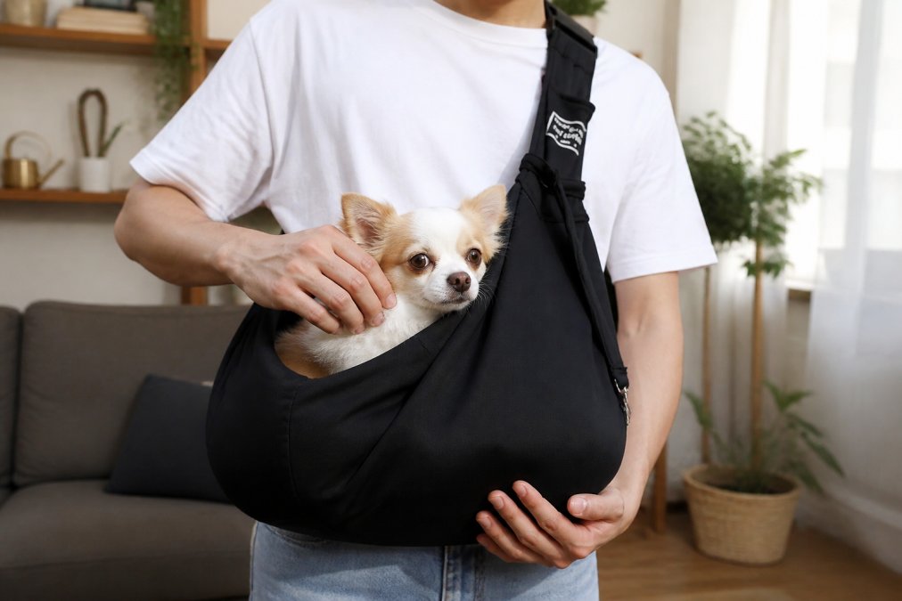 A person gently placing a small anxious dog into an adjustable pet sling indoors, showing calm body language and proper hand positioning while the dog looks slightly uncertain