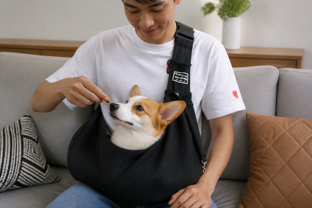 An owner sitting on a couch with a small dog in a pet sling on their lap, demonstrating calm body language and positive reinforcement with a treat while the dog appears relaxed and focused on the treat