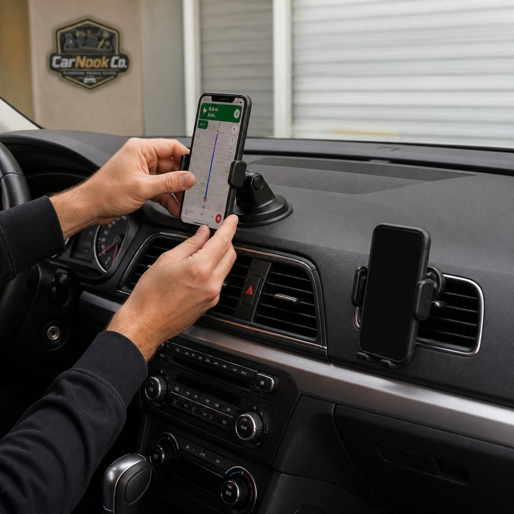 Infographic comparing dashboard and air vent phone mount placement options for vehicle navigation