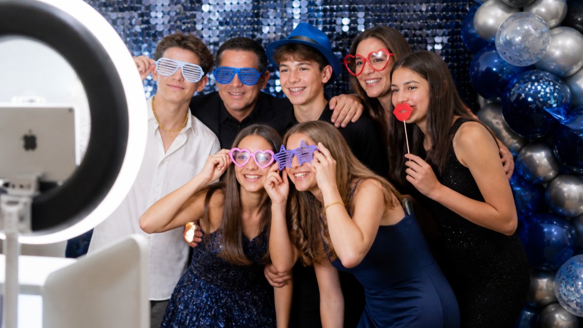 Teenagers and family members posing with fun props at a bar mitzvah party using a photo booth rental service.