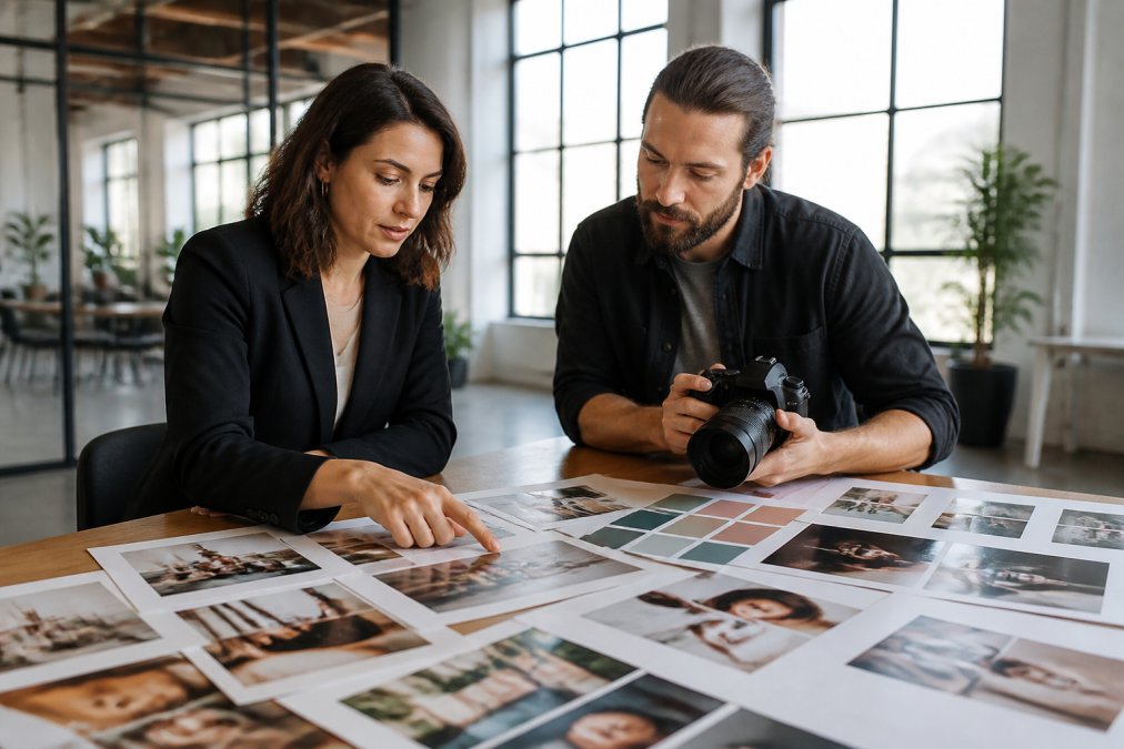 A marketing director and photographer reviewing a mood board with brand color swatches and sample images spread across a conference table in a bright office