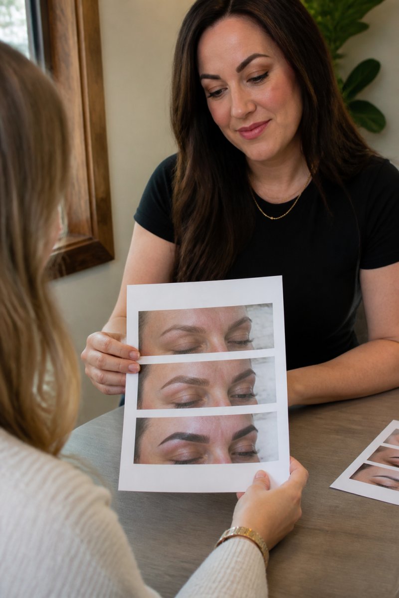 Close-up of a client examining printed before-and-after photos of eyebrow microblading results at a consultation table with natural window lighting