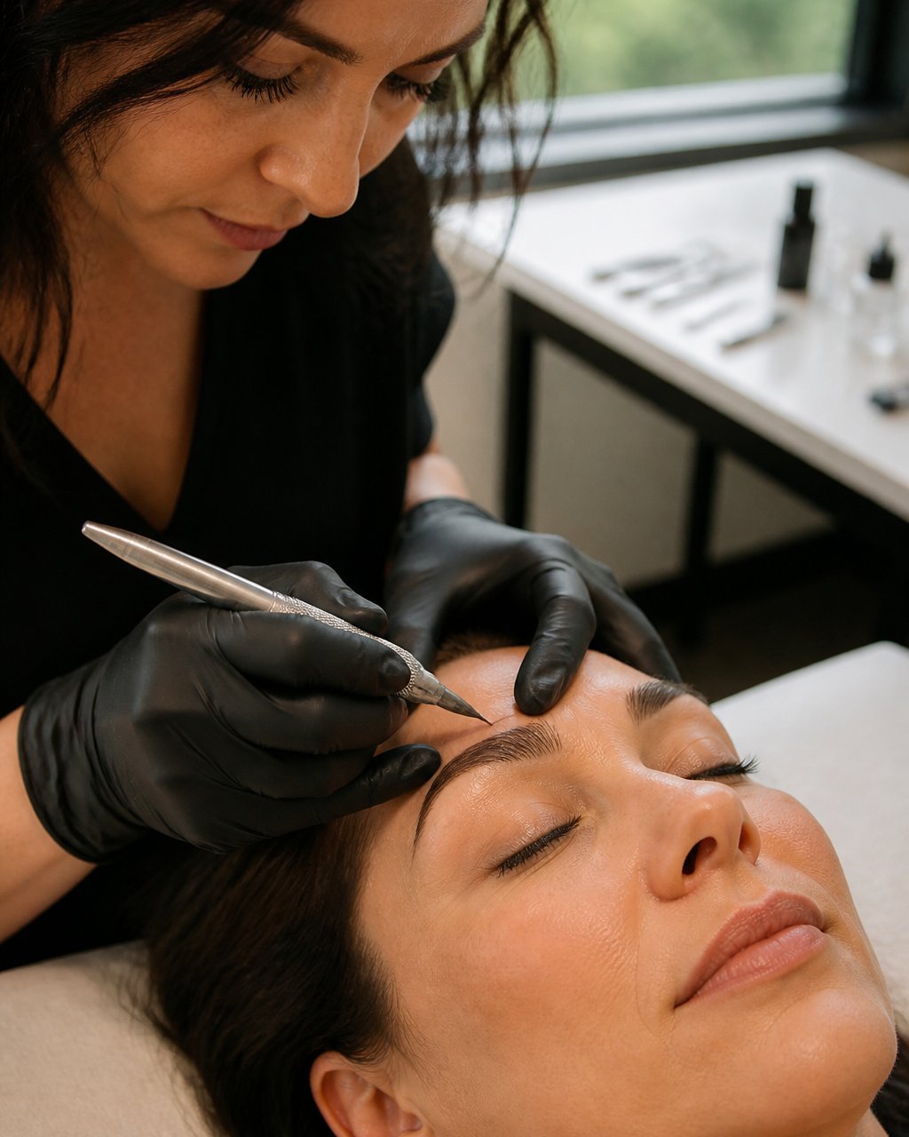 Master PMU instructor demonstrating microblading technique on a live model's eyebrow in a professional training studio with natural lighting