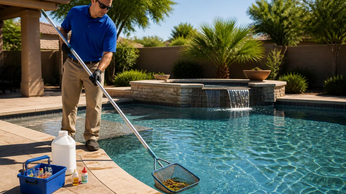 Pool cleaning company technician skimming debris from a residential pool with a test kit nearby