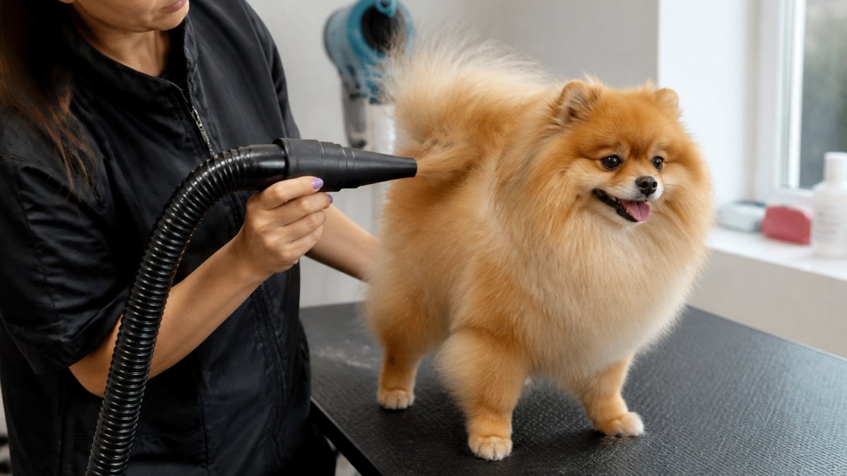 Professional groomer using a portable pet grooming dryer on a small dog with thick double coat, showing the dryer nozzle directing warm air through the fur while the dog stands on a grooming table