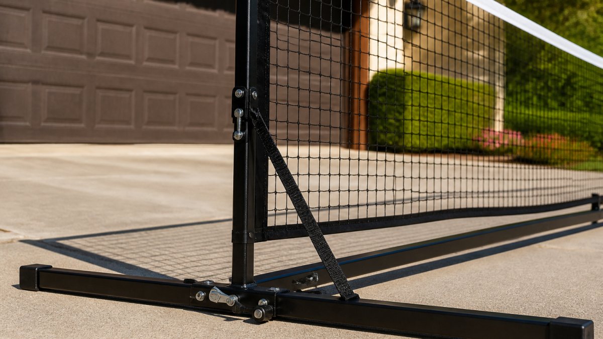 Close-up of a portable pickleball net system frame showing powder-coated steel construction, center support strap, and locking mechanisms on an outdoor driveway in afternoon sunlight