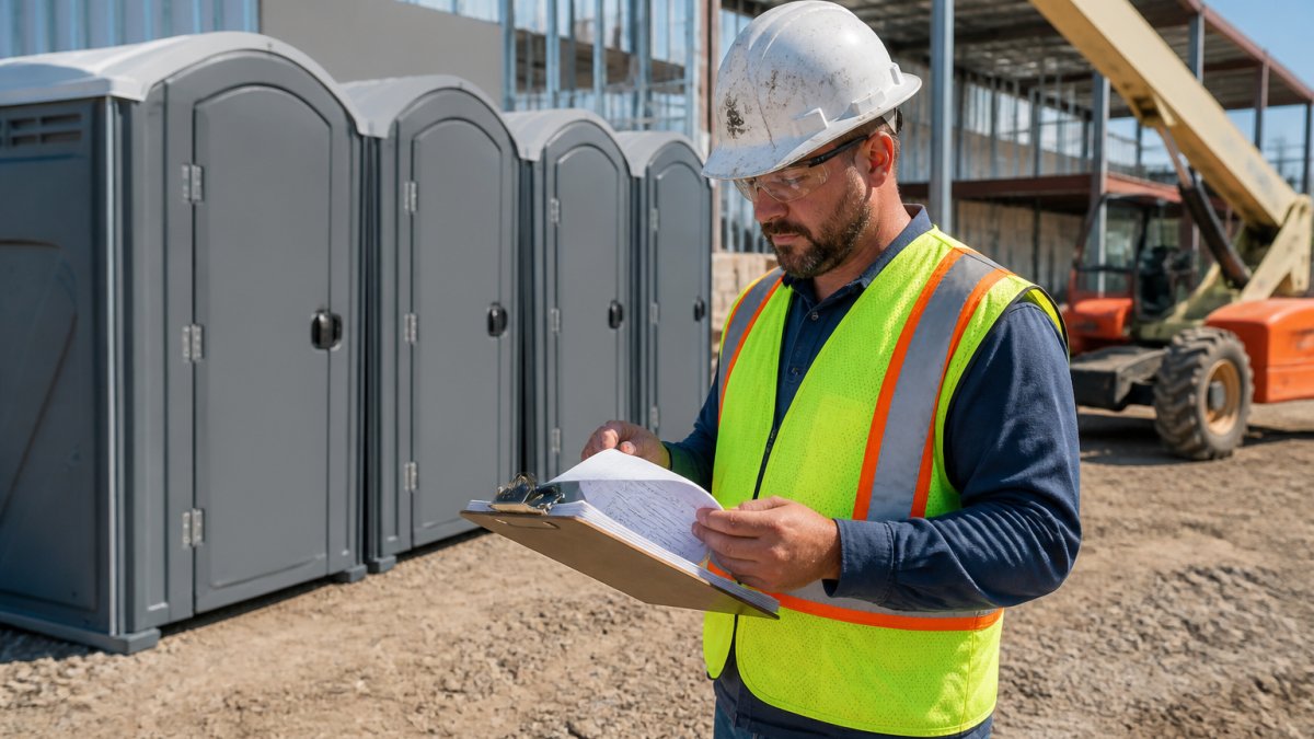 Construction site manager reviewing a portable toilet rental company checklist near clean restroom units
