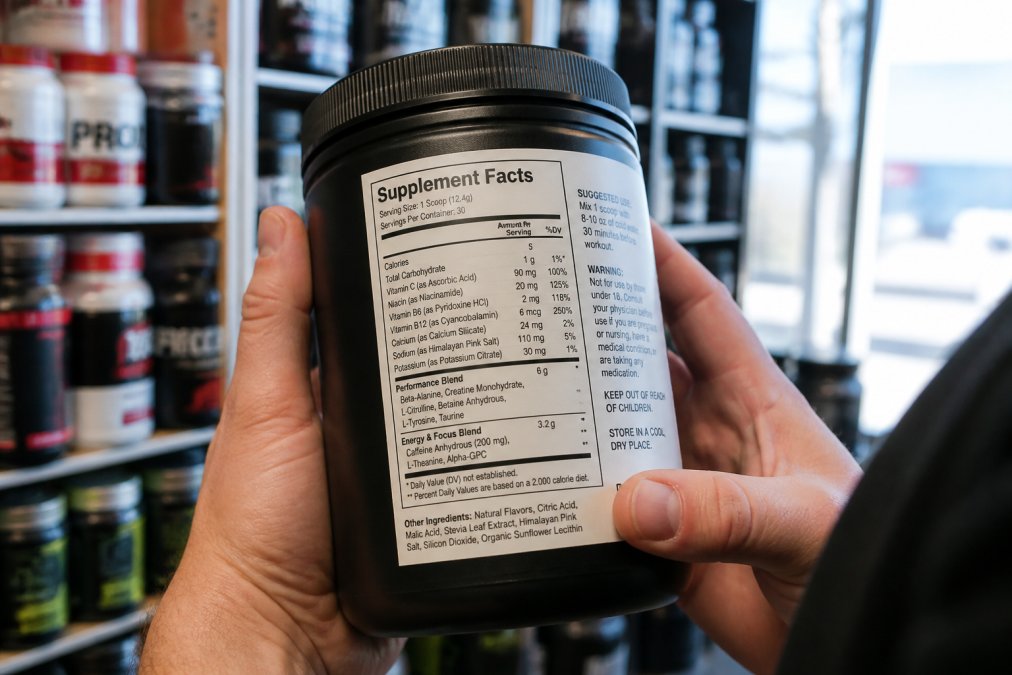 Close-up of hands holding a pre-workout supplement container with the label clearly visible, showing ingredient list and nutrition facts panel under bright natural light