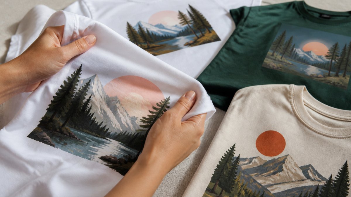 Close-up of hands carefully examining custom printed t-shirts, comparing print colors and texture quality under natural daylight, with multiple sample shirts laid out on a neutral surface