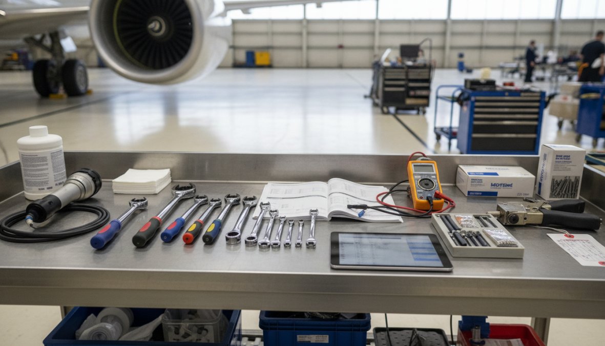 Process diagram showing steps for technician and aviation and uniform concepts for aircraft maintenance provider