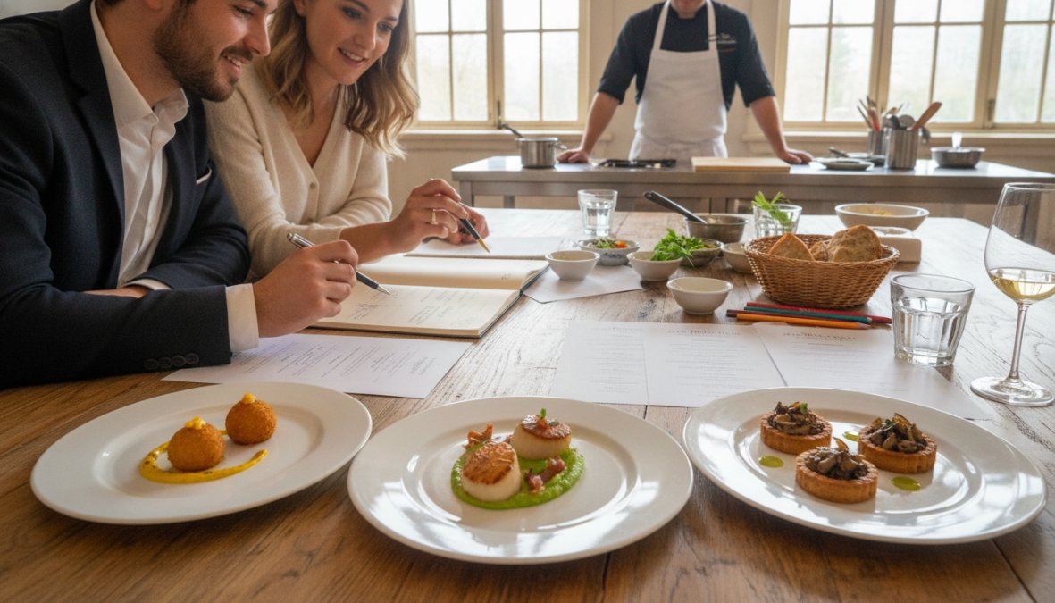 Professional private chef presenting elegantly plated wedding dishes during a tasting session, with a couple seated at a table reviewing the food and taking detailed notes, warm ambient lighting in the background