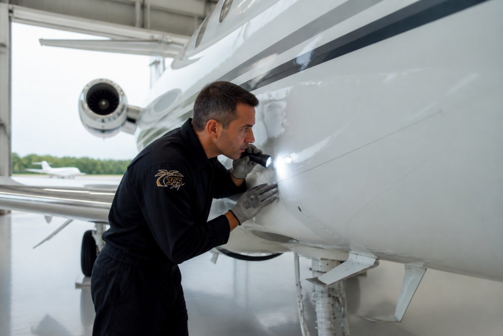 Experienced aircraft maintenance technician in uniform carefully inspecting the exterior fuselage of a private jet with a flashlight in a bright, modern hangar facility with natural lighting from overhead doors