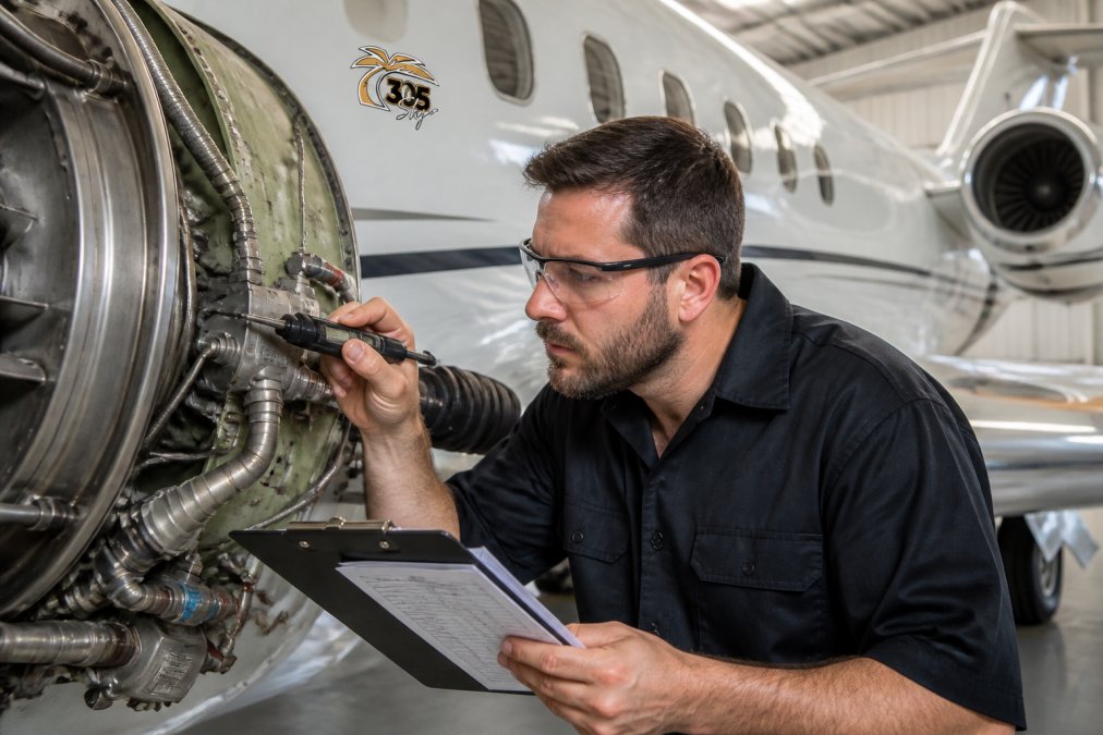 Close-up of a certified aircraft technician holding an inspection checklist clipboard while carefully examining jet engine components with precision measuring tools and a digital inspection device in a professional maintenance hangar