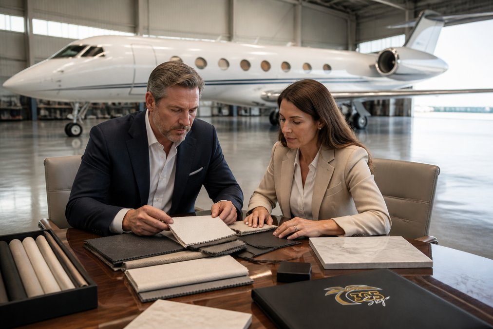 A private jet owner and a designer reviewing fabric swatches and leather samples together at a conference table inside an aircraft hangar, with a Gulfstream visible in the background