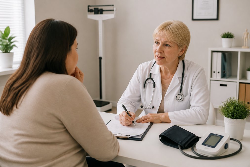 Healthcare professional in modern clinic consulting with patient during initial assessment, with medical records and health monitoring equipment visible on the desk