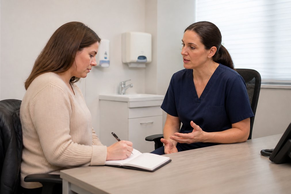 Patient taking thoughtful notes during consultation with doctor, showing discussion about treatment options in professional clinic setting