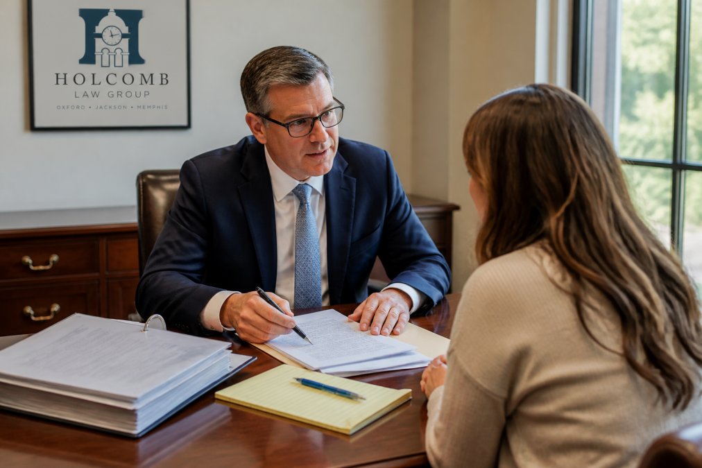 Professional attorney and client meeting at desk with estate documents, notepad, and pen visible in natural office lighting