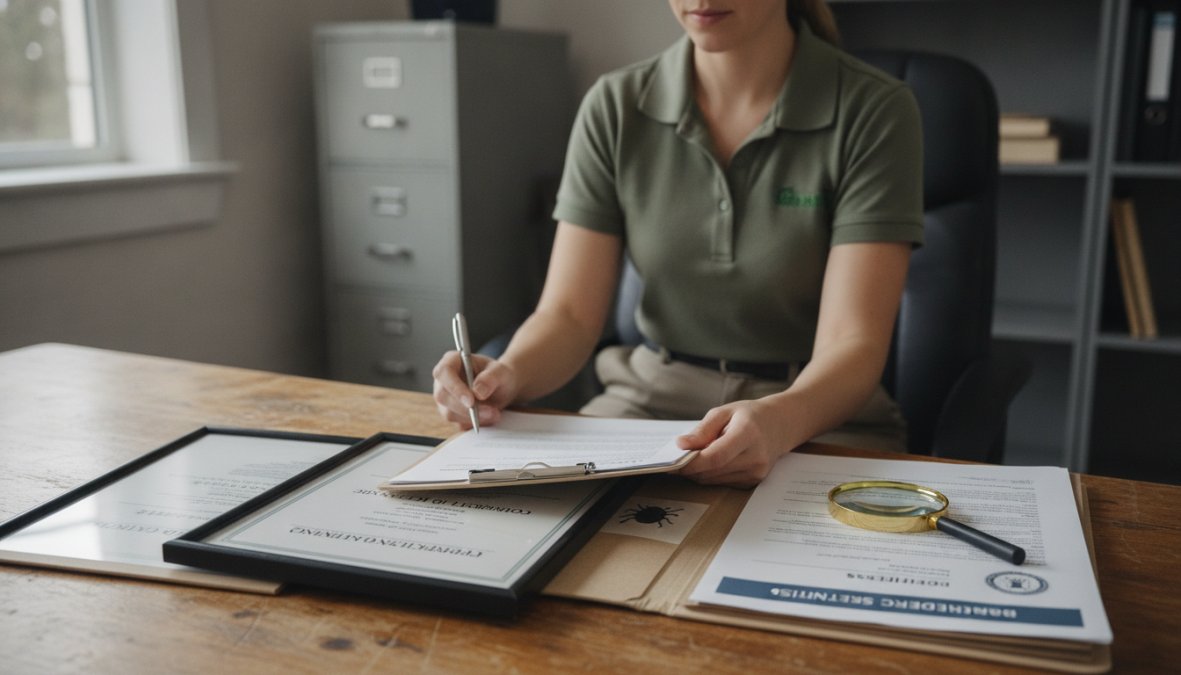 A pest management professional reviewing licensing documents and insurance certificates at a desk, with a clipboard, certification binders, and a state license framed on the wall behind them, under warm office lighting