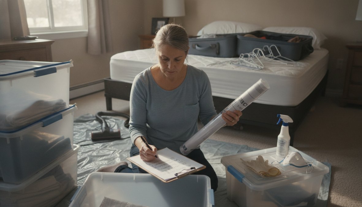 A homeowner standing in a bedroom, checking items off a printed preparation checklist on a clipboard, with laundry bags sealed on the floor and a stripped mattress visible in the background, under bright natural window light
